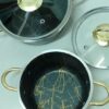 ست قابلمه ماربل طرح سنگی چهار پارچه با درب شیشه‌ای و دسته‌های طلایی