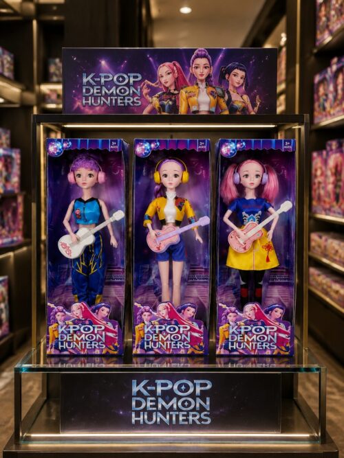 مجموعه عروسک‌های موزیکال KPOP DEMON HUNTERS شامل شخصیت‌های زویی، رومی و میرا با گیتار و لوازم جانبی