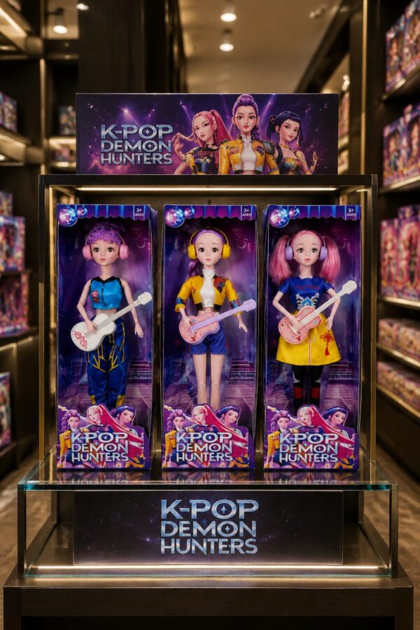 مجموعه عروسک‌های موزیکال KPOP DEMON HUNTERS شامل شخصیت‌های زویی، رومی و میرا با گیتار و لوازم جانبی