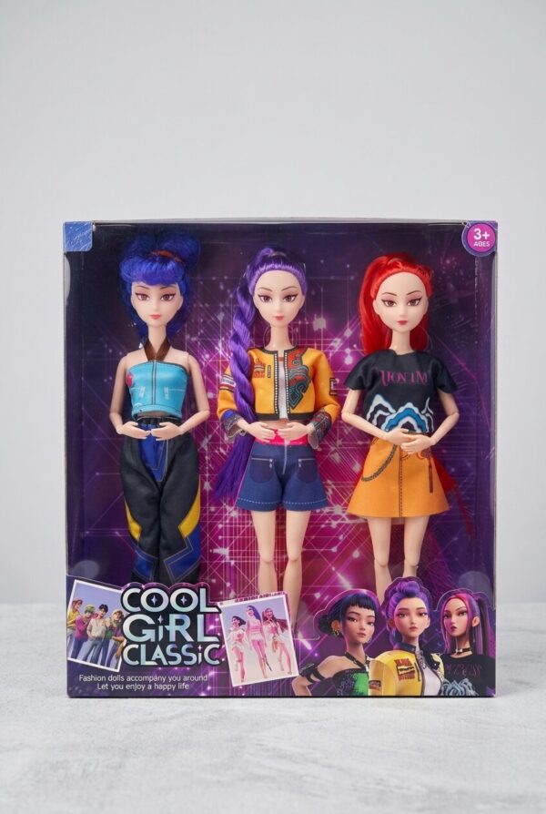 پک ۳ عددی عروسک موزیکال K-POP Demon Hunters مدل Cool Girl Classic با لباس فانتزی، موهای رنگی و مفاصل حرکتی