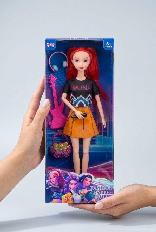 Mira K-Pop Demon Hunters Doll عروسک میرا K-Pop Demon Hunters با کت زرد، شلوارک جین و گیتار داخل جعبه