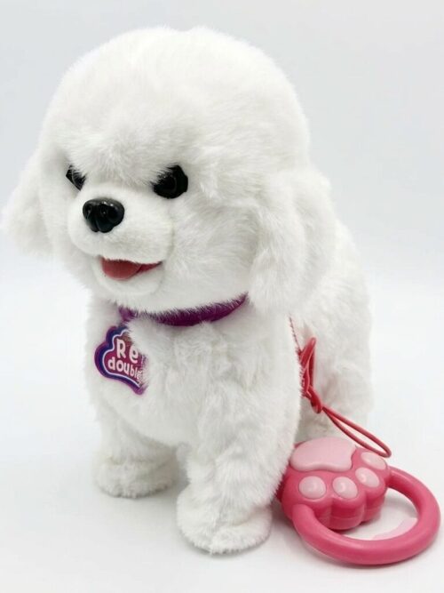 robotic-musical-plush-dog-remote عروسک سگ رباتیک پشمی سفید همراه با ریموت کنترل صورتی مدل پنجه